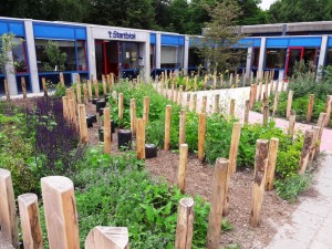 Samenspeelplein Startblok met hink-stap-sprong paaltjes.