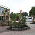 Groen schoolplein met paaltjes en draden voor klimgroen.