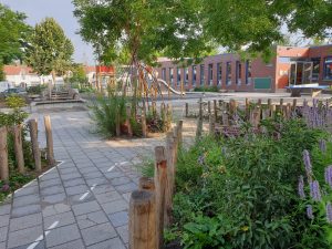 Groen schoolplein: fietsparcours met groen bij basisschool de Klimboom.