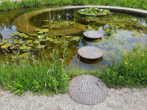 Putdeksels als stepstones in de vijver op de floriade.