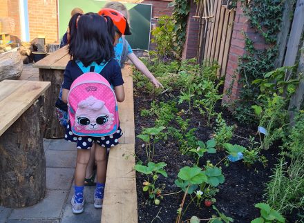 Groen schoolplein met moestuin in de border voor de kinderen.