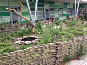 Groen schoolplein element met gevlochten wilgentakken en een waterelement.